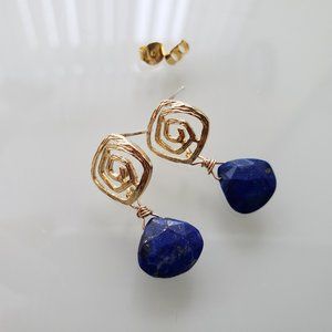 Lapis Lazuli earrings, Faceted hearts Dangle Earrings,  14K GP